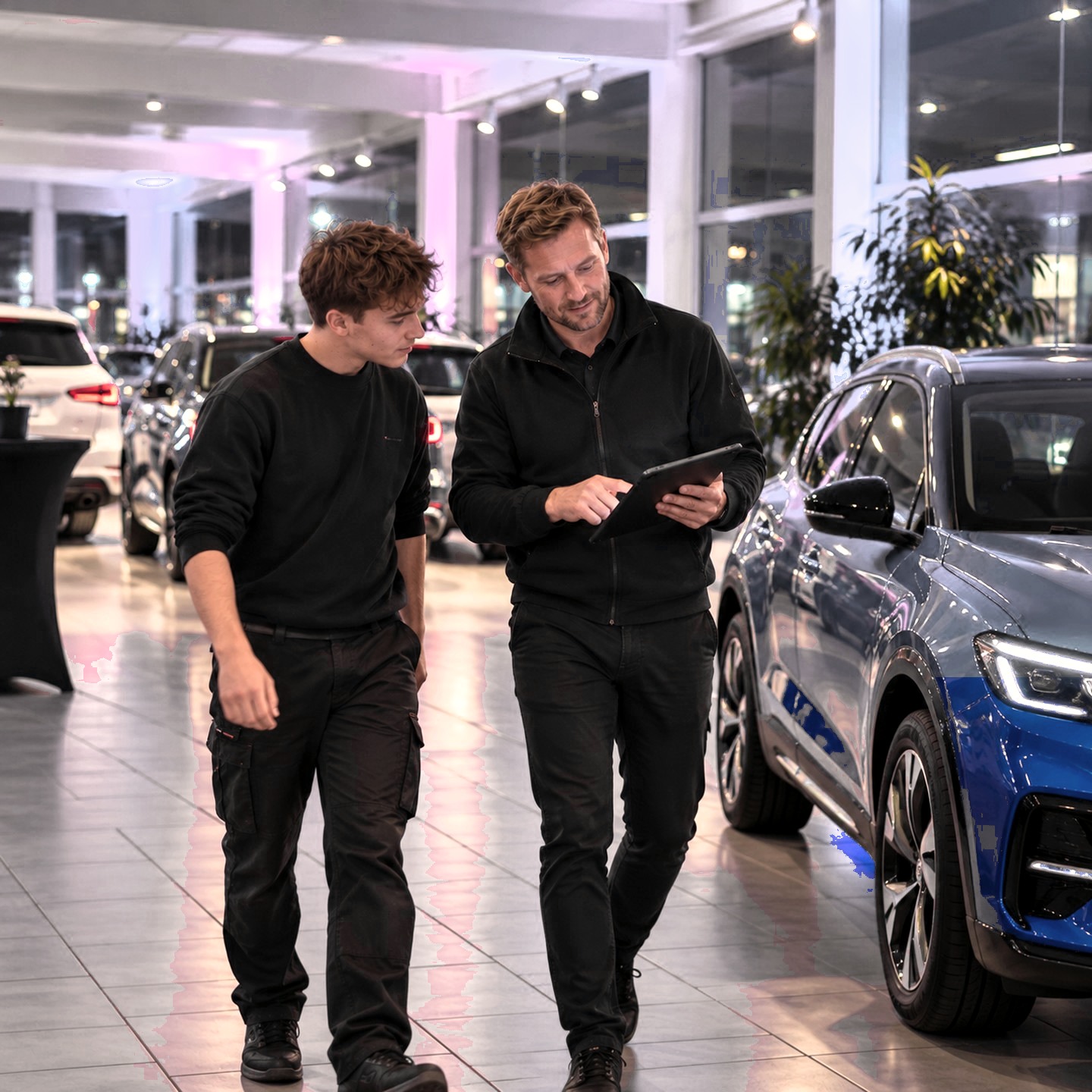 Elev og erfaren kollega gennemgår arbejdsopgaver i bilshowroom
